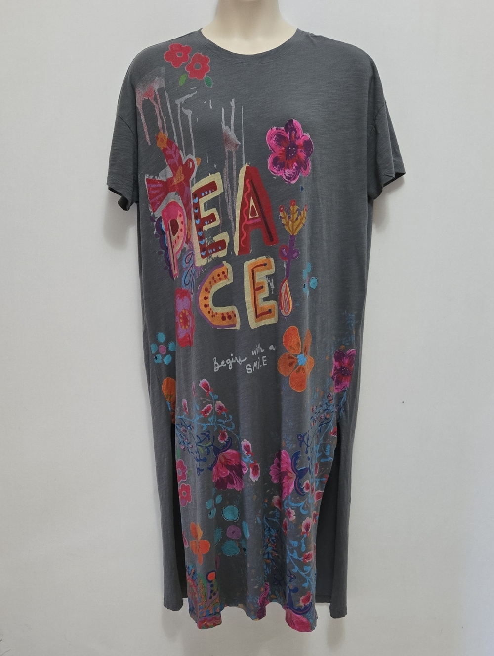 Life Is A Canvas Cotton Maxi T-Shirt Dress Natural Life Peace Floral - Picture 3 of 13